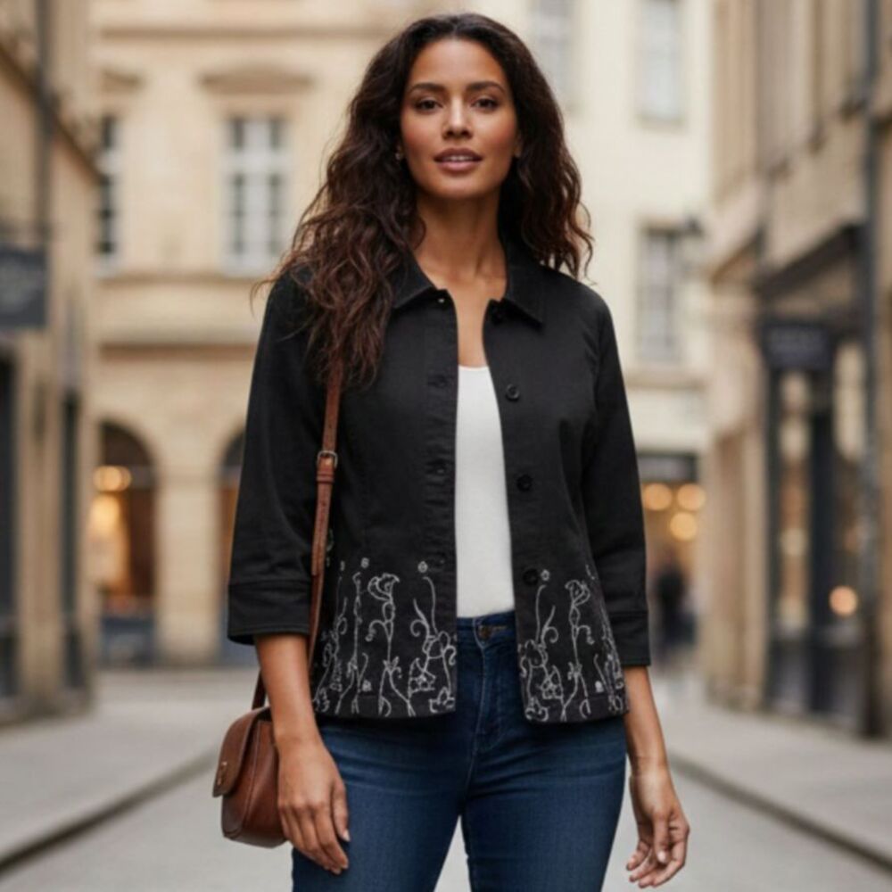 Christopher & Banks Women’s Black Denim Jacket Floral Embroidery Boho Coat M